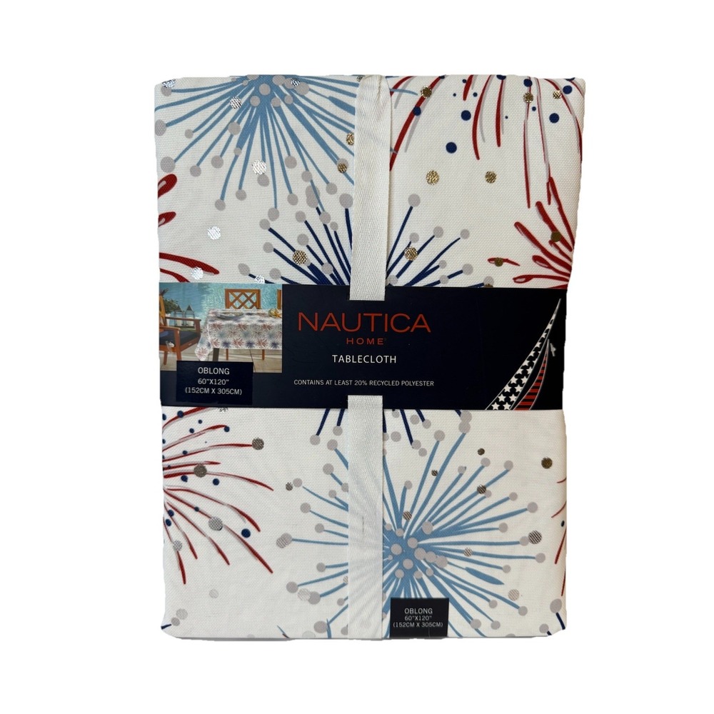Nautica 4th of July Fireworks 60x120 Tablecloth Silver Foil Red Blue In/ Outdoor